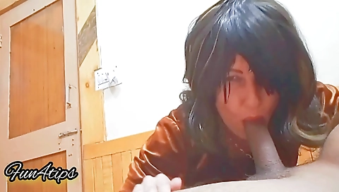 Indian woman with natural tits sucks deep in her lover