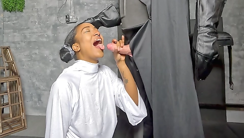 Ebony babe has her feet covered while she gets fucked