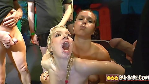 Blonde in a hairy pussy and deep throated pussy with two men