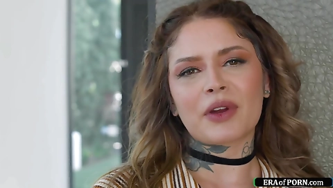 Hot brunette with a tattooed pussy gets deepthroat