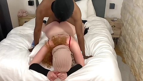 Amateur black girl in stockings gives an ass to a big cock