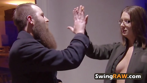 Ebony and brunette girl are caught in a group sex show