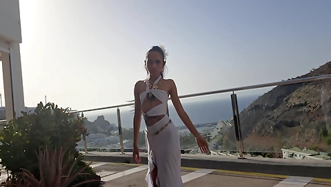 Asian chick in black and red dresses is going nowhere in the public