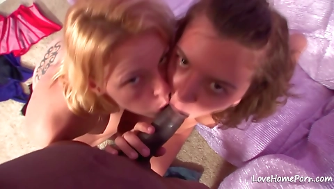 Interracial deepthroated porn clip with two blonde babes