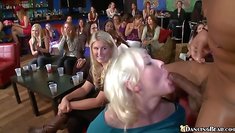 Blonde black girl stripping off her clothes and having fun with men