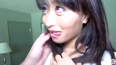 Horny asian slut with a tight pussy gets cum on her