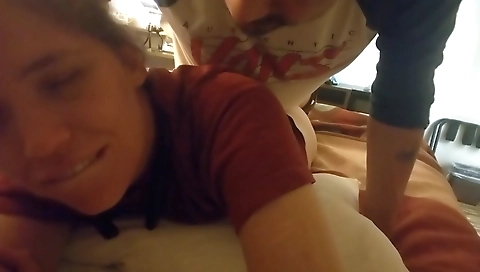 Black girl and her man are in bed and fucking in the back